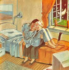 An old woman cuddles a young man on a tragic twin bed